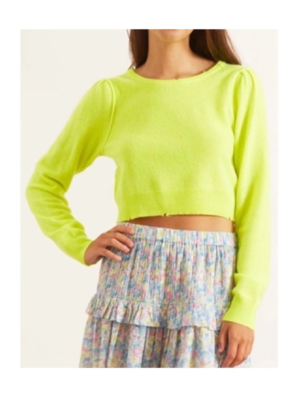 LoveShackFancy Lune Sweater Neon Lime Cropped Puff Sleeve Coquette XS Y2K